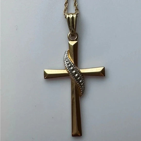 14K Gold Two-Tone Cross Necklace - 18 in. chain - Picture 2 of 3
